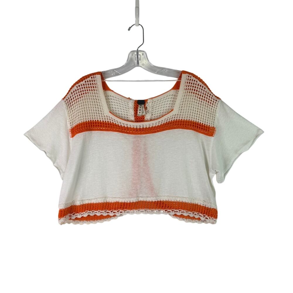 Free People We the Free Bunny Crop Top White Orange Medium Open Knit Scalloped